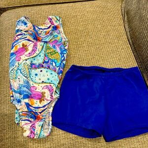 Leotard and matching royal blue shorts Child Medium 8